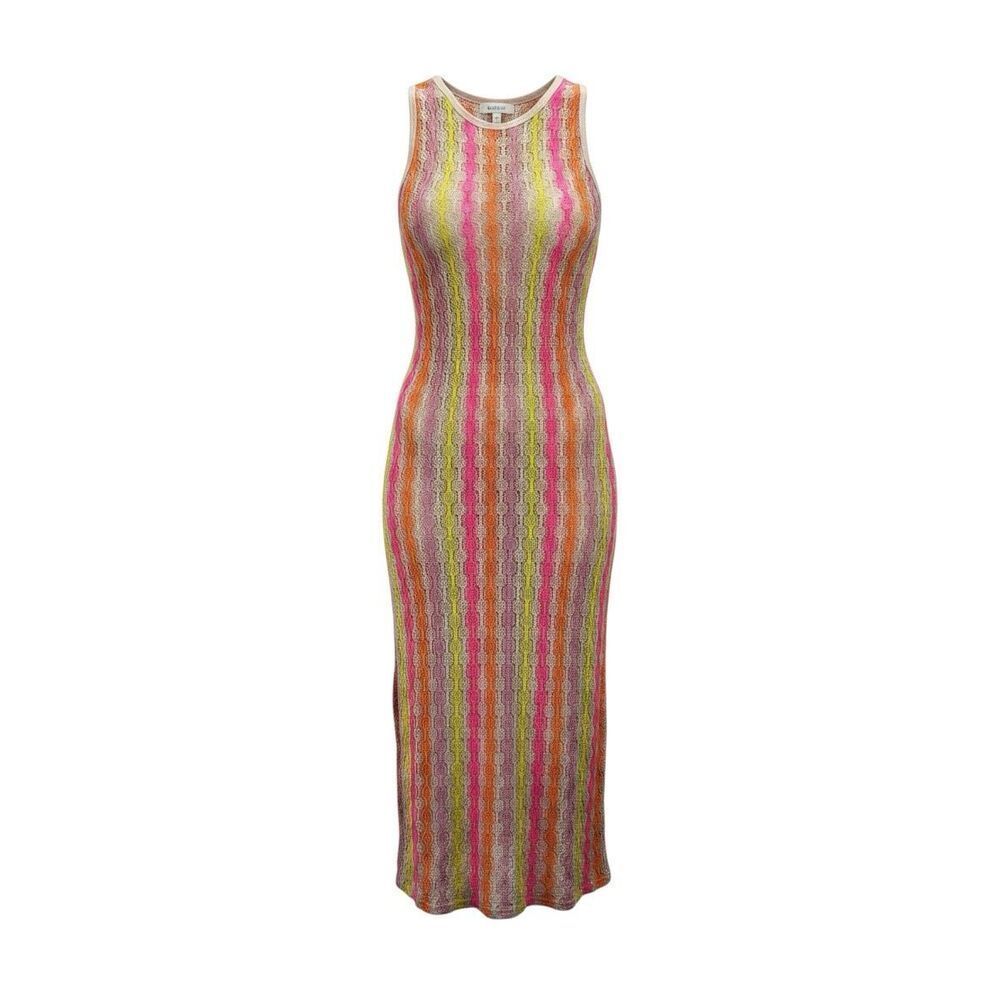 Miken Swim Crochet Stripe Midi Dress Cover Up Neon Pink Orange Yellow XL